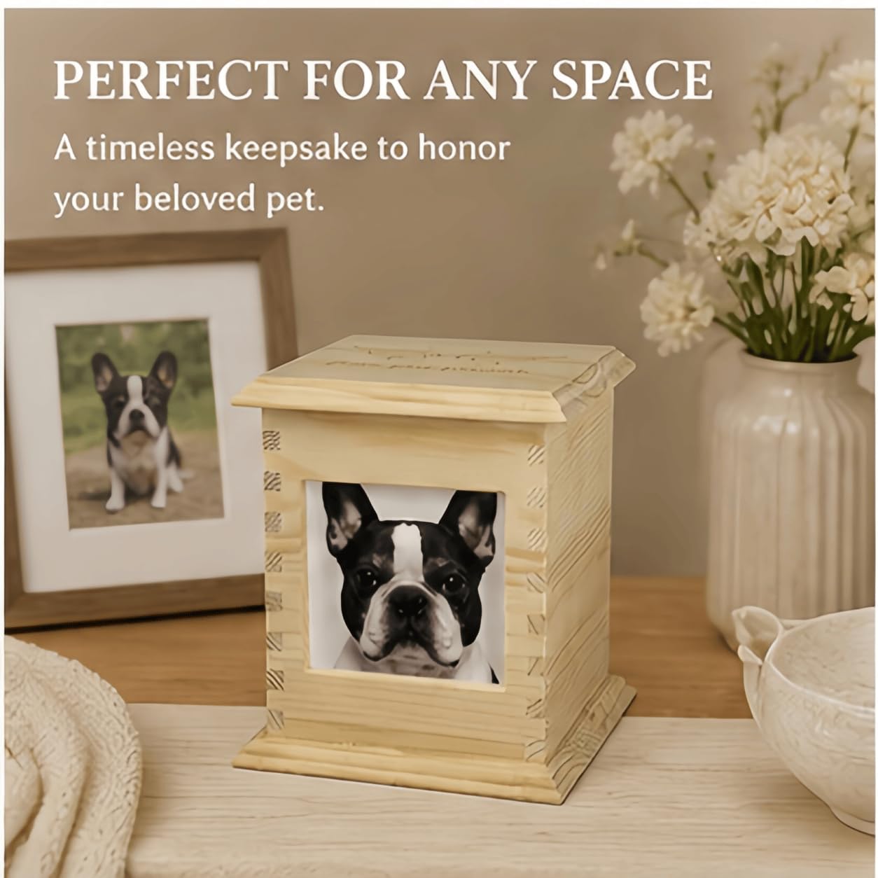 Pet Memorial Urn for Dogs & Cats with Photo Frame, Wooden Keepsake Ashes Box with Engraved Lid, Sympathy Gift for Loss of Pet, Decorative Memorial Box for Home Display