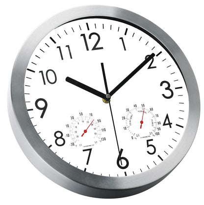 WOOPHEN 12 Inch Wall Clock with Temperature and Humidity, Battery Operated Non Ticking Silent Metal Frame Wall Clocks for Office, Home, Bathroom, Kitchen, Bedroom, School, Living Room(Silver)