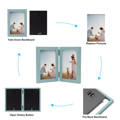 Janreefan Double Vertical & Horizontal 4X6 Picture Frames Hinged Folding Photo Frames in Teal Blue for Wall Hanging or Tabletop Standing, Made of Pine Wood with Real Glass P-S46H64-LAN