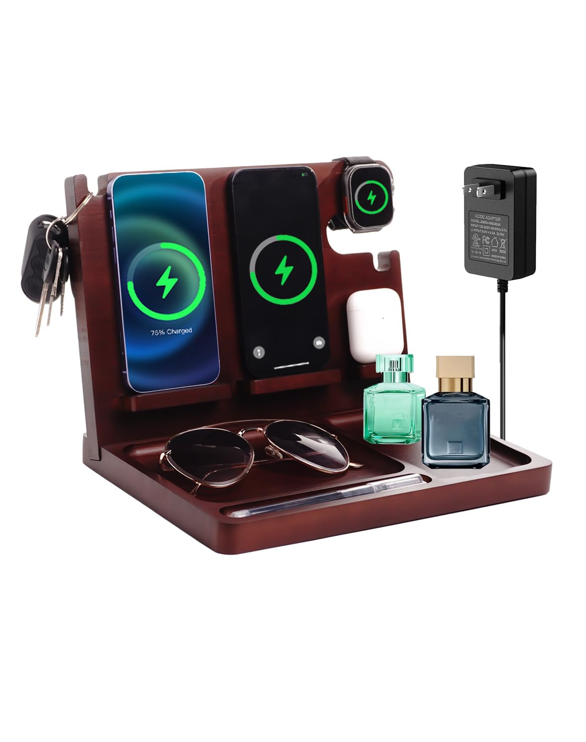 Nightstand Organizer with Dual 15W Phone Wireless Charging Station for 2 iPhone,Apple Watch and Airpods,Bamboo Wood Phone Docking Station,Gifts for Men Dad Husband
