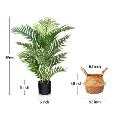 LOMANTO Fake Majesty Palm Plant 3Ft Artificial Tree for Home Decor Indoor Small Faux Trees in Pot Fake Tropical Plants for Housewarming 2Pack