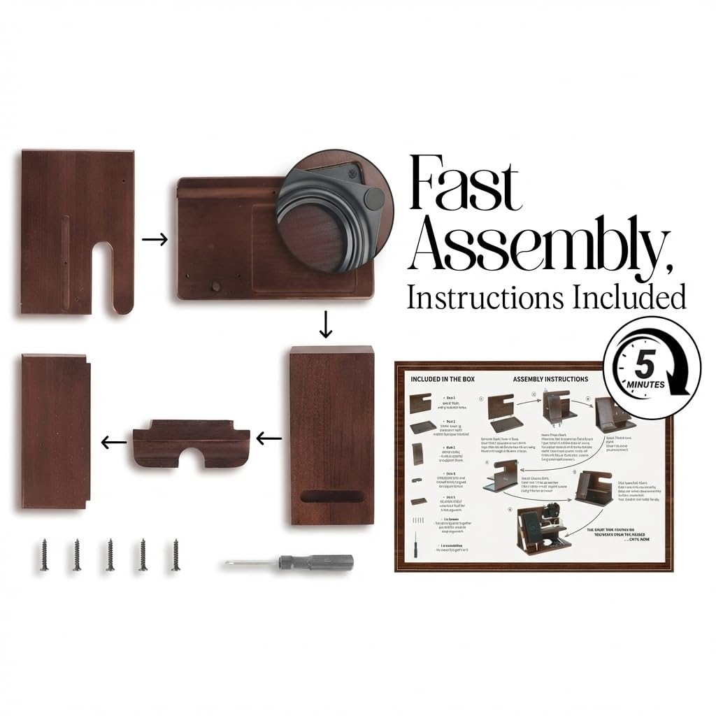 Wood Phone Docking Station for Men - 360° Rotating Nightstand Organizer with Rotating base, Charging Slot, Holds watch, Wallet, Keys, Eyewear - Birthday Gifts for Men & Women, Bedroom or Office Use, Dark Brown