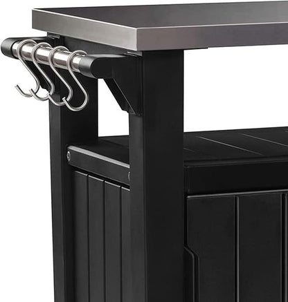 Keter Unity Small 40 Gallon Grill Prep Table and Storage Cart, Grey – BBQ Station with Wheels and Stainless Steel Top, Portable Serving Stand for Patio, Deck, and Backyard