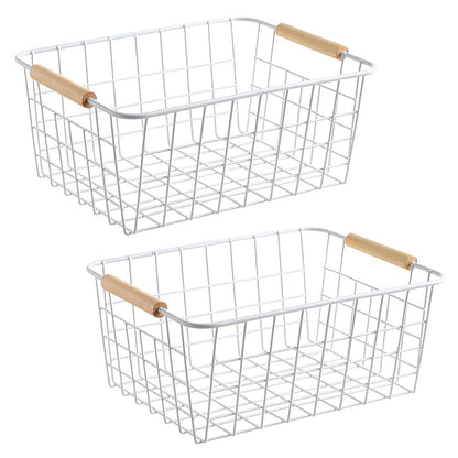 LeleCAT white wire baskets for organizing with Wooden Handles Storage Organizer Baskets, Household snack basket for Cabinets, Pantry, Closets, Bedrooms, pantry organizers and storage - Set of 2（White）