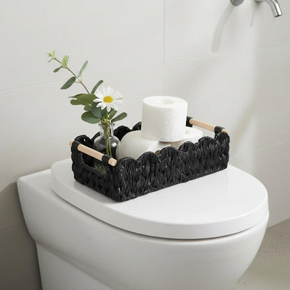 Duimbok Black Paper Rope Woven Basket, Scalloped Edge Toilet Paper Holder with Wooden Handles, Farmhouse Bathroom Storage for Over Toilet Shelf, End Table, Cozy Bedroom Decor