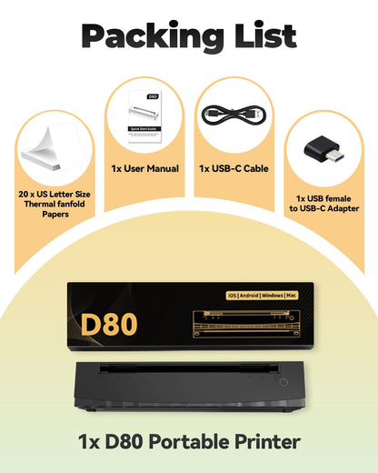 NDYIN Portable Printer Wireless for Travel, D80 Thermal Printer, Inkless Printers, Compatible with iOS, Android, Laptop, Supports 8.5" x 11" US Letter & A4 & A5 for Home Use, Office, Vehicles, Black