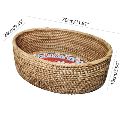 12 inch Oval Rattan Bread Basket, Deep Basket Tray with 4 Inch Wall and Painting Pattern Wooden Bottom, Decorative Wicker Basket Bowl for Coffee Table Décor, Kitchen, Bedroom, Brown, I-lan