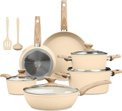 Kitchen Academy Beige Pots and Pans Set Non Stick, 12Pcs Induction Cookware | Even heating, easy to clean granite. Healthy kitchen cooking experience. 100% PFOA & PFAS free.
