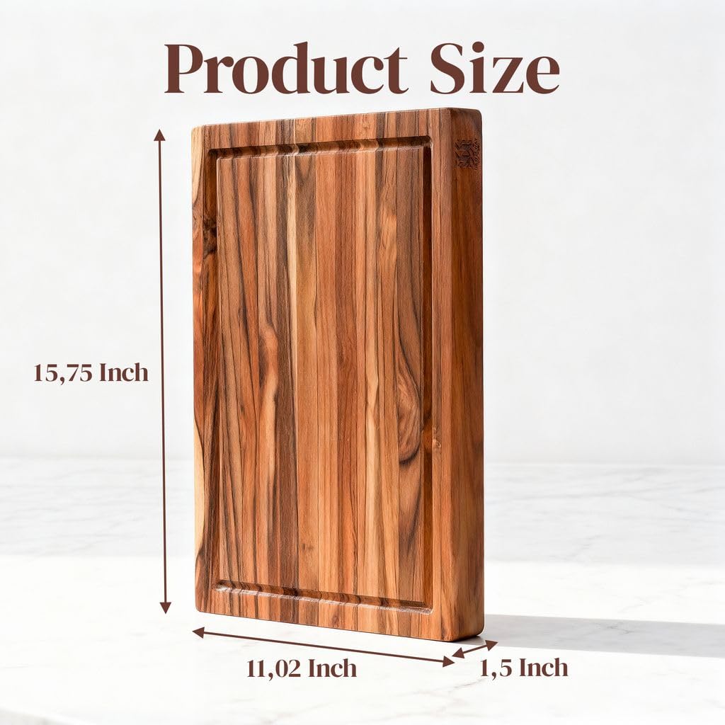 Large Teak Cutting Board 16" x 11" x 1.5" Thick Edge Grain Butcher Block for Meat & Kitchen Prep with Juice Groove and Handle, Solid Hardwood, Non Toxic Wood Cutting Board by New M Way