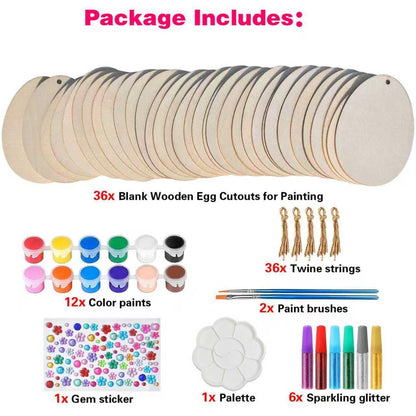 Mother's Day Egg Wood Painting Kit, 36 Unfinished Blank Wooden Eggs with Hanging Ropes, DIY Spring Crafts and Family Activities, Easter Tree Ornaments, Home Holiday Decorations and Party Supplies