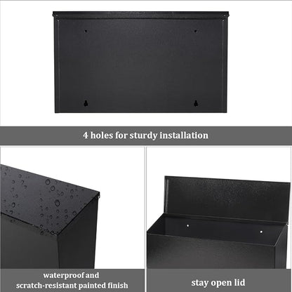 Decaller Large Capacity Mailbox, Wall Mount Mail Box for Letters & Small Packages, Rust-Proof Metal Post Box for Outside, 15.7" x 9.3" x 4.7", 08 Black