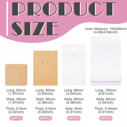 Handship 100Pcs Jewelry Display Cards with 100Pcs Clear Plastic Bags Square Paper Earring Necklace Card Holder Rectangle Keychain Display Cards for Selling Jewelry Packaging Supplies, BurlyWood