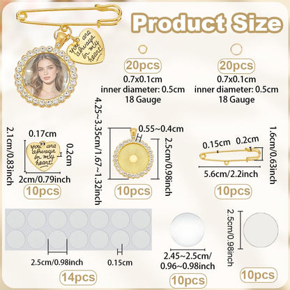 OLYCRAFT 10 Sets Gold Wedding Bouquet Photo Charm Pin Sublimation Blanks with Heart Pendant Round Pin Brooch Making Kit Bouquet Picture Charm DIY Pins Brooch Making Kit for Wedding Party Bridal
