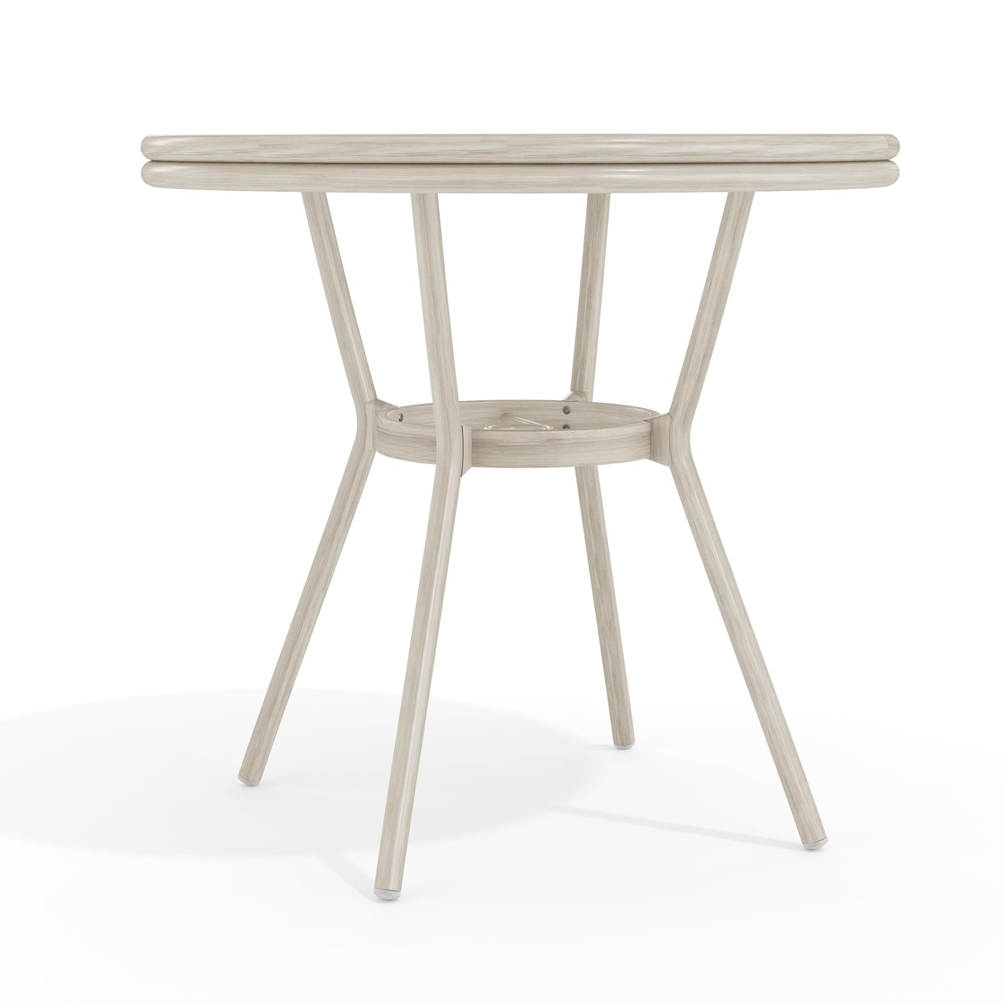Martha Stewart Lily Pond 31” Round Indoor-Outdoor Bistro Dining Table with Aluminum Frame in Gray Woodgrain and Rattan Top in White/Gray with Tempered Glass Top