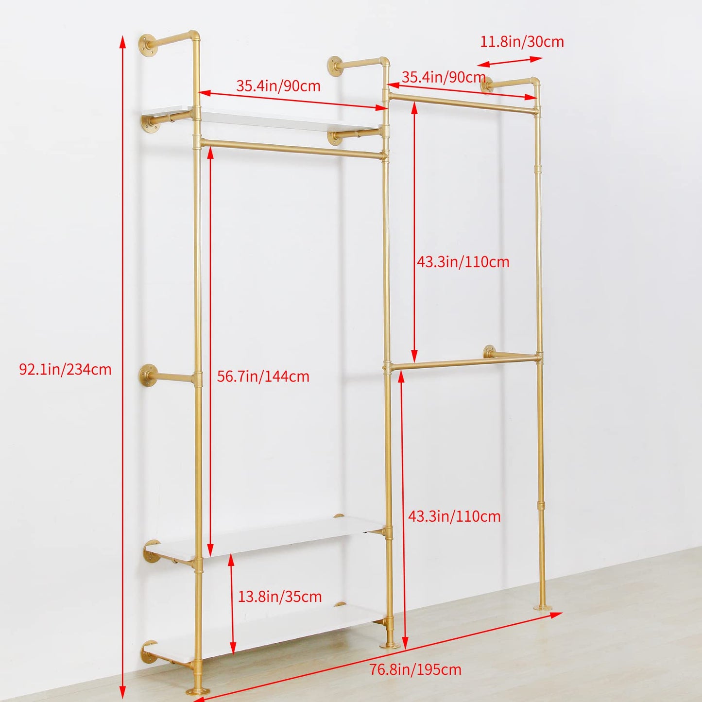 EDCB Heavy Duty Industrial Clothing Rack - 3-Tier Wall Mounted Garment Rack with Wood Shelves, Golden Pipe Closet Storage Organizer for Retail Stores & Bedroom (92.1X76.8inch)