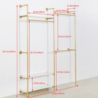 EDCB Heavy Duty Industrial Clothing Rack - 3-Tier Wall Mounted Garment Rack with Wood Shelves, Golden Pipe Closet Storage Organizer for Retail Stores & Bedroom (92.1X76.8inch)