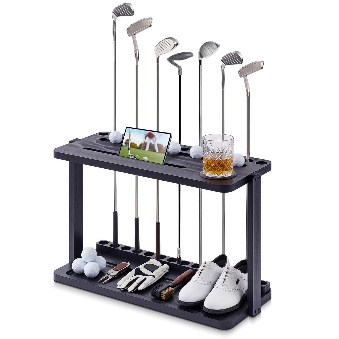 Wesiti Wooden Golf Club Holder Stand for 14 Clubs 15 Balls Golf Putter Stand for Indoor Home Office, 25.6 x 12 Inch
