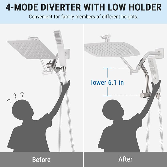 G-Promise All Metal 10 Inch Rain Shower Head with Massage Mode Handheld Spray Combo, 3-Way Diverter with Pause Setting, Full Body Coverage, Modern Bathroom Upgrade (Brushed Nickel)