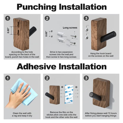 IURRDOP 4 PCS Black Walnut Wood Wall Hooks, Adhesive Mounted & Wall Mounted Rustic Decorative Entryway Hooks, Mid Century Modern Natural Wooden Pegs for Hanging Coat Clothes Hat Bag Purse and Towel