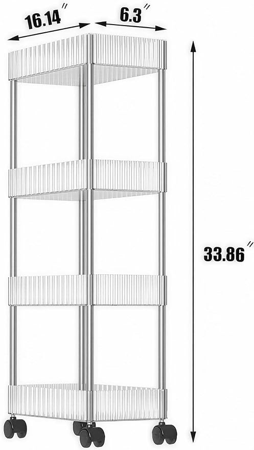 Sooyee Clear 4 Tier Slim Storage Cart,Rolling Storage Cart,Narrow Shelf,Bathroom Rack,Mobile Shelving Unit Organizer for Kitchen, Bathroom, Laundry Room