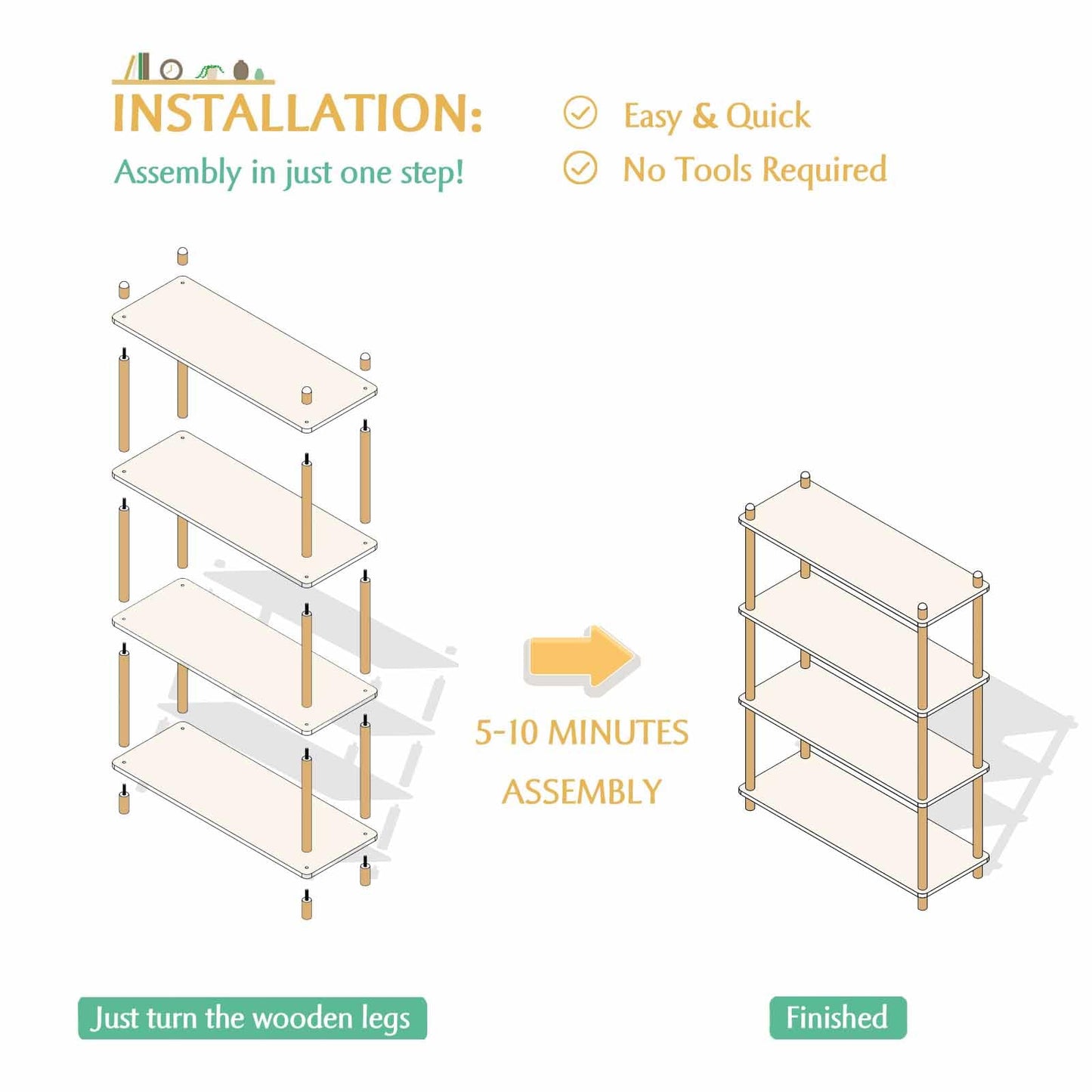 IOTXY 4-Tier Wooden Shelf Bookcase - Modern Open Bookshelf, Free Standing Storage Rack, Multifunctional Display Stand for Home and Office, Oak, Rectangle