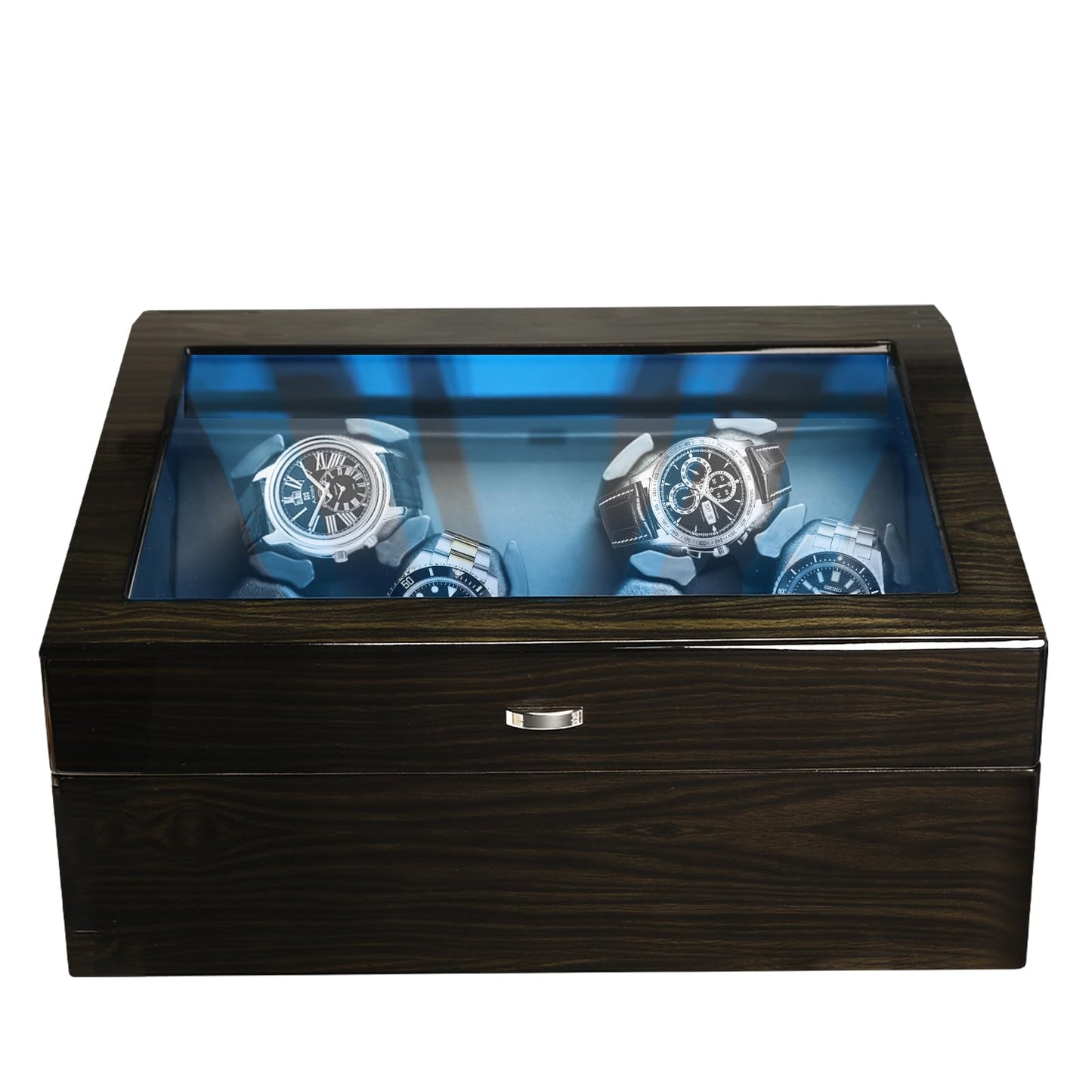JuviPerpric Watch Winder for Automatic Watches, 6 Automatic Watches with 6 Storages, Blue Backlight and Foam Pad, 4 Rotation Modes Rotating Watch Box (Wood)