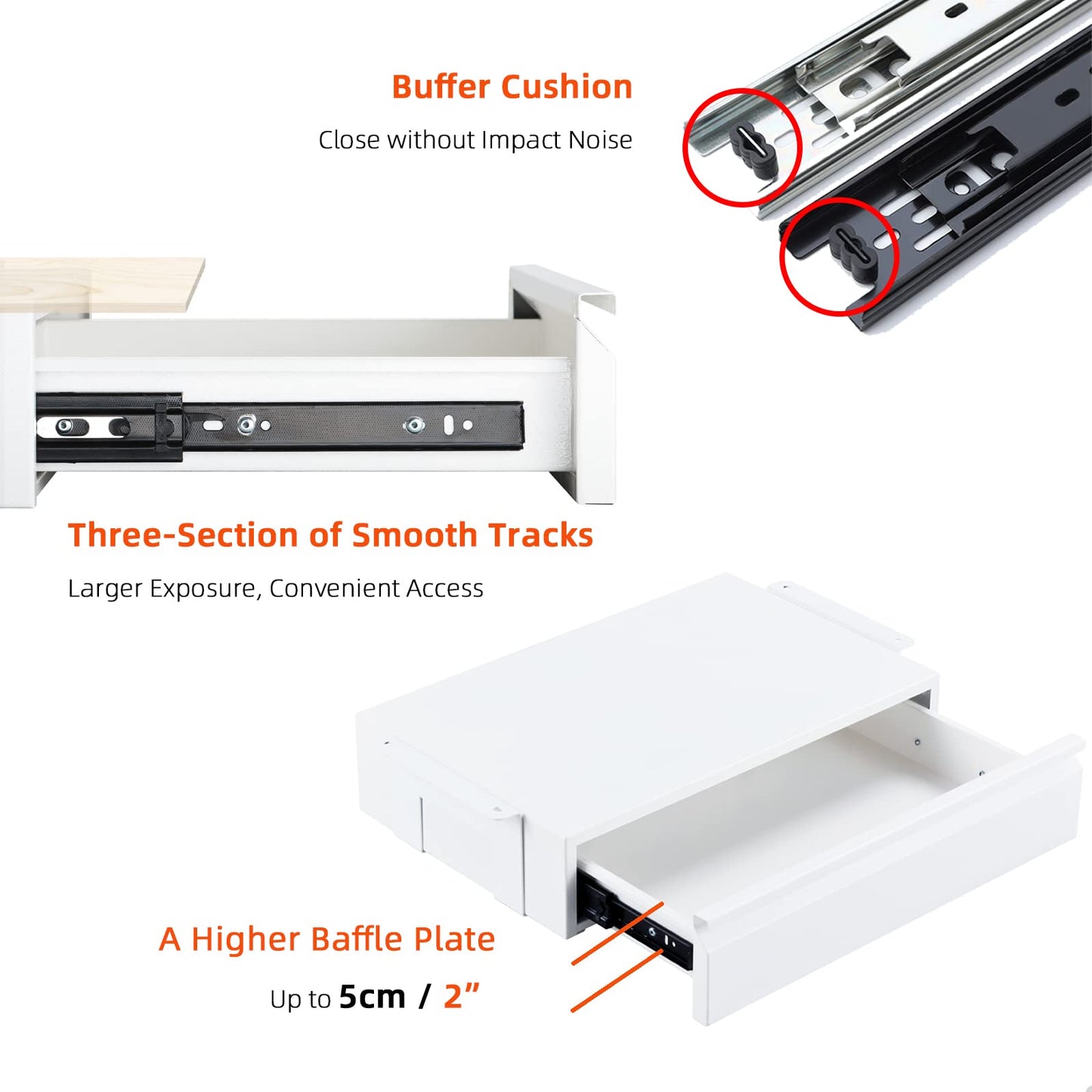 OSteed Under Desk Drawer 18", Pull-out Storage Organizer with Large Slide Extension Mounted Under Flat Wooden Table or Workbench, White_Normal Version
