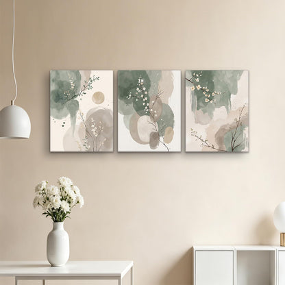 Framed canvas floral wall art neutral colors hazy feel botanical print poster gallery style painting print for living room bedroom bathroom office 16x24 inch 3-piece set.