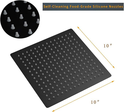 BESy 10 Inch Rain Shower Head, 10" Square Rainfall & High Pressure Stainless Steel Bath Showerhead, 1/16" Ultra Thin, Waterfall Full Body Coverage with Silicone Nozzle, Matte Black Finish