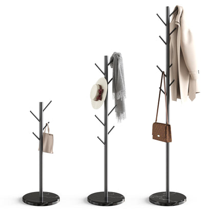 HzTinT Coat Rack with Natural Marble Base, Metal Freestanding Coat Rack with 8 Hooks, 3 Adjustable Size Sturdy Coat Tree for Bags, Coats, and Hats for Entryway, Hallway, Bedroom, Office, Black