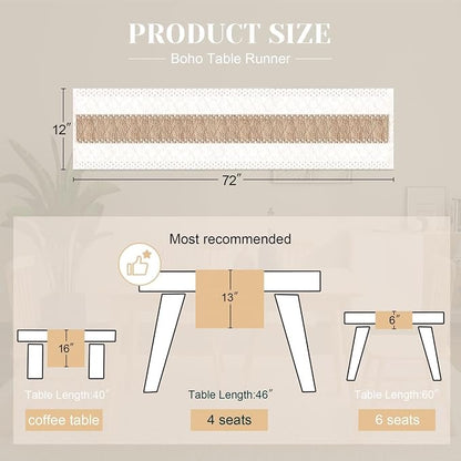 FEXIA Boho Table Runner for Home Coffee Decor 72 Inches Long Farmhouse Rustic Table Runner Macrame Burlap Centerpieces for Tables Decoration for Kitchen Bedroom Decor Bridal Shower (12x72 Inches)