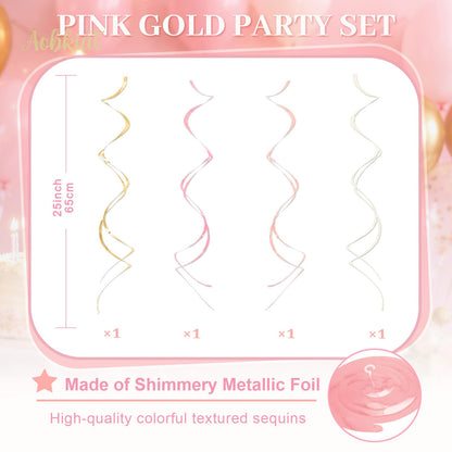 AOBKIAT Pink Gold Party Decorations Kit - 27PCS wirh Pom Poms & Lantern & Fans & Swirls & Garland & Crepe Paper Streamers for Birthday,Wedding,Baby Shower,Bachelorette,Princess Party