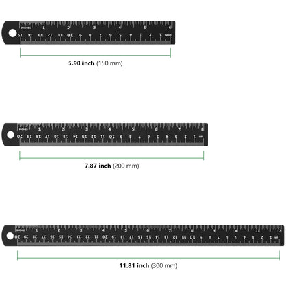 HAKZEON 30 Pack Metal Ruler Set 6/8/12 Inch with Conversion Table, Black Aluminum Alloy Rulers, Straight Edge Ruler Set for Office Engineering, Measuring and Drafting