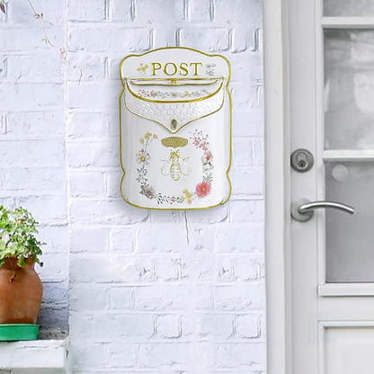 Wall Mount Mailbox for Outside Vintage Mail Boxes for House Outside Metal Door Mailbox Drop Box Antique Style Nostalgic Charm Home Decorative, Bee Pattern, White