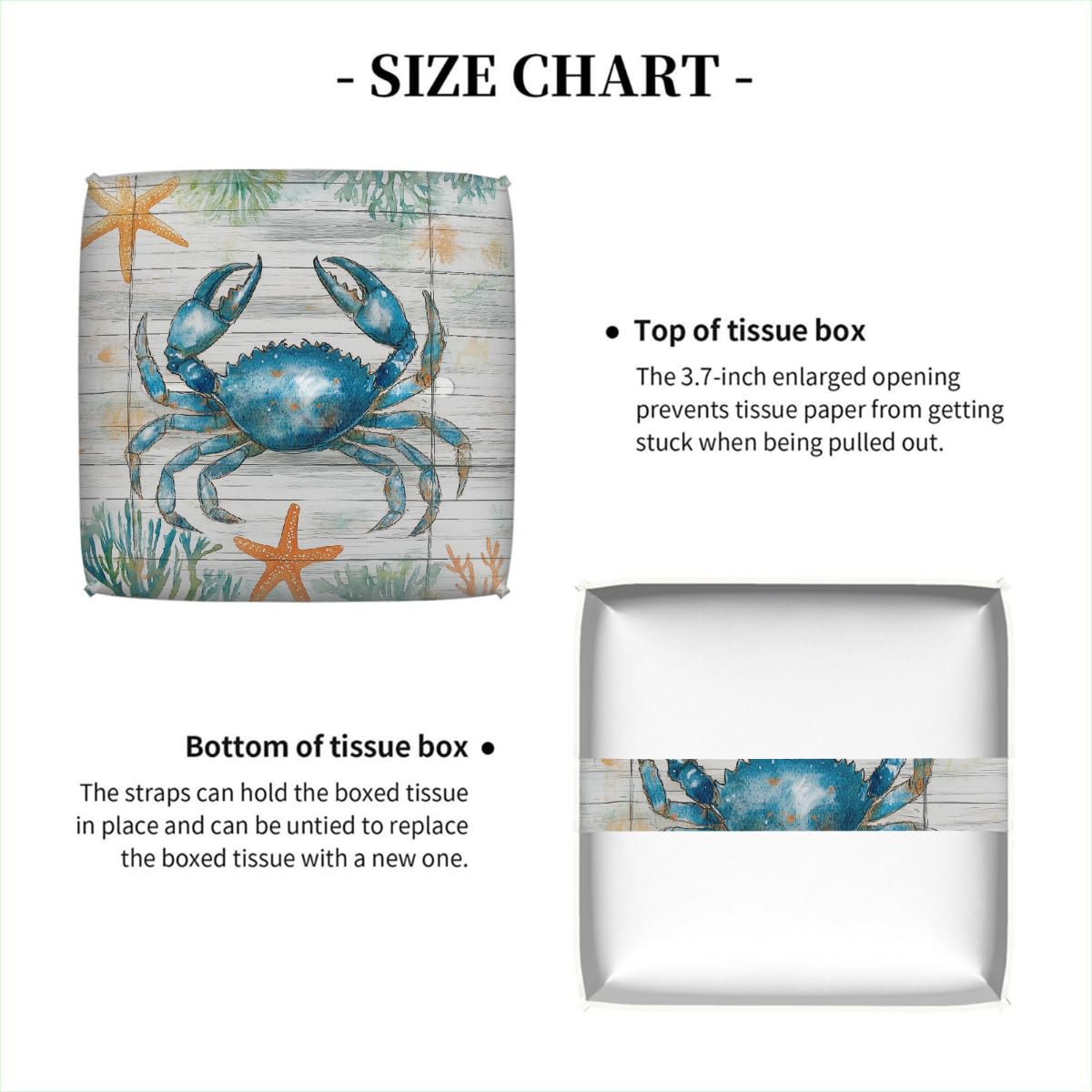 Tissue Box Cover PU Leather Square Tissues Holder Ocean Blue Crab On Wooden Decorative Facial Paper Organizer Dispenser for Bedroom Bathroom Vanity,Home Office Car