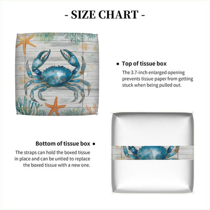 Tissue Box Cover PU Leather Square Tissues Holder Ocean Blue Crab On Wooden Decorative Facial Paper Organizer Dispenser for Bedroom Bathroom Vanity,Home Office Car