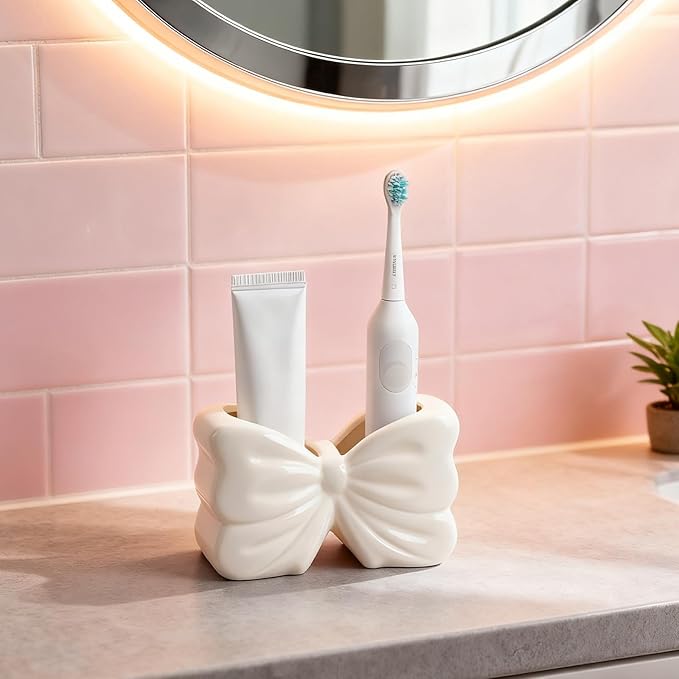 Bow Toothbrush Holder ， 2-Slot Toothbrush and Toothpaste Holder Cute Toothbrush