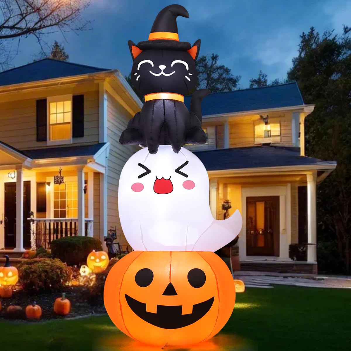 COMIN 6 FT Halloween Inflatables Pumpkin Ghost Cat Combo Outdoor Decorations Blow Up Yard with Built-in LEDs for Indoor Party Garden Lawn Decor