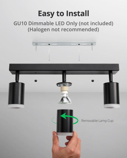 Bojim Plug in Ceiling Track Lighting with 14.3ft Power Cord for Kitchen, Dimmable LED Spotlight Wall Mounted for Sala, Black 3 Lights Fixture Removable Cup for Bedroom Farmhouse Studio, GU10 No Bulb