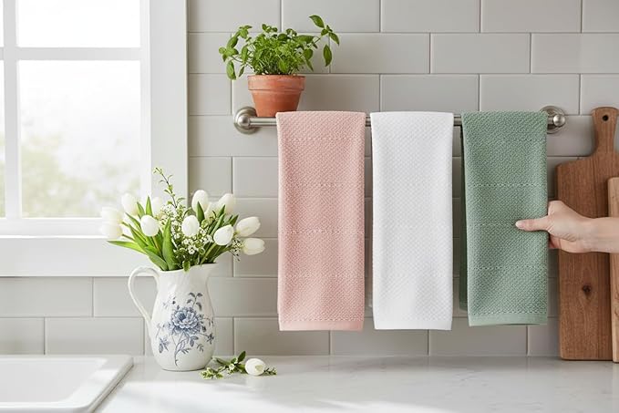 Sage White Light Pink Kitchen Hand Dish Towels: Oversized 28" x 18", 100%