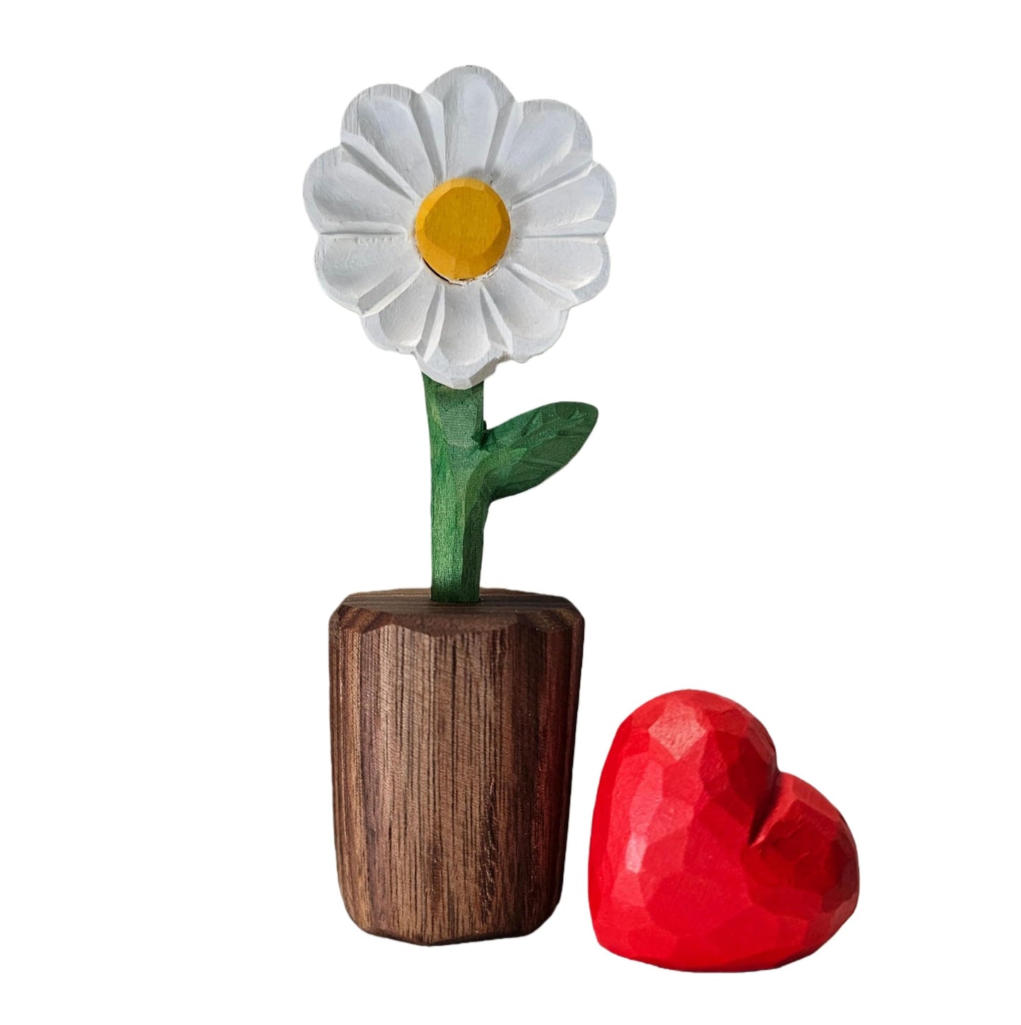 WOODEN ISLANDS Hand-Carved Wooden Flower with Red Heart - Handcrafted Everlasting Wood Sculpture - 5th Anniversary, Valentine's Day, Birthday Gift for Her - Gift Box Included (White Daisy)