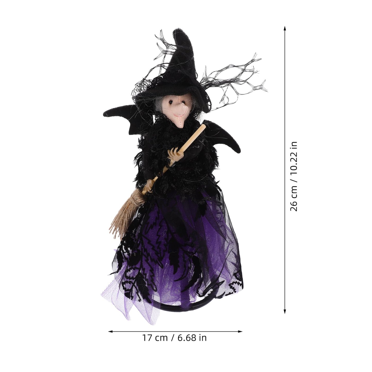 Alipis Halloween Witch Tree Topper, Black Witch Doll Ornament with Black Pointed Hat and Flying Broom Christmas Tree Top for Desktop Treetop Fireplace Halloween Decor