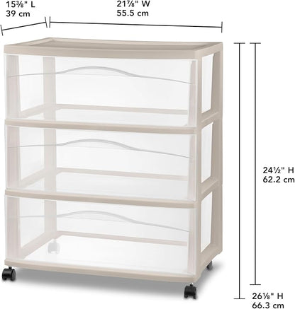 Sterilite Wide Storage Cart, 3 Clear Drawer Plastic Organizer with Wheels, Grey Pumice Frame - Rolling Unit for Craft Supplies or Home Accessories