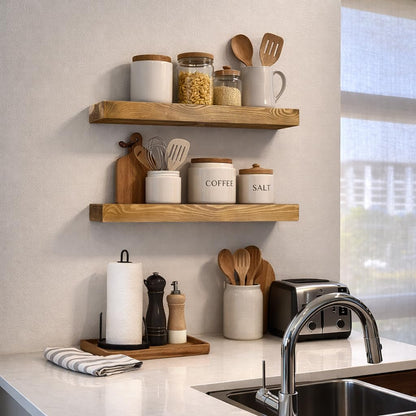 BANFFLOW 30 Inch Rustic Wood Floating Shelves for Wall, 8.66 Inch Deep Solid Wood Wall Shelf with Heavy Duty Hidden Bracket, Golden Oak, 30 × 8.66 × 2.28, for Living Room Bathroom Bedroom, Set of 2