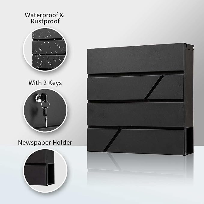 Wall-Mount Mailbox with Lock and Keys, Locked Drop Box for House Outside, Security Steel Metal Mail Box with Newspaper Compartment, 14.57 x 14.57 x 4.33 Inch, Black, MD025 X-Large
