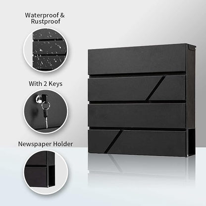 Wall-Mount Mailbox with Lock and Keys, Locked Drop Box for House Outside, Security Steel Metal Mail Box with Newspaper Compartment, 14.57 x 14.57 x 4.33 Inch, Black, MD025 X-Large