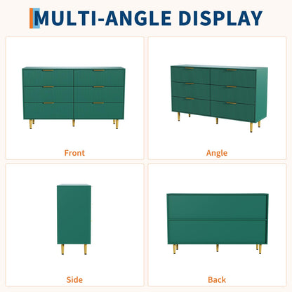 Garvee 56" Wide Fluted Dresser for Bedroom with 6 Drawers, Wooden Chest of Drawers with Gold Metal Handle & Feet, Fluted Dresser for Living Room, Hallway, Bedroom, Green