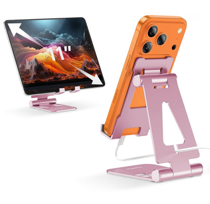 Aoviho Foldable Cell Phone Stand for Desk, Adjustable Phone Holder for Office, Video Calls and Streaming, Portable Desktop Phone Dock Compatible with iPhone 17 16 15 14, Samsung Galaxy, Pink