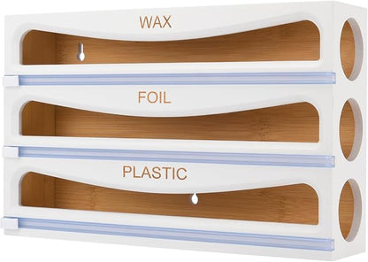 Bamboo Wrap Dispenser with Cutter, Plastic Wrap Organizer, Aluminum Foil Organization, and Wax Paper Dispenser Holder for Kitchen Drawer and Wall, Compatible with 12" Roll (02 White)