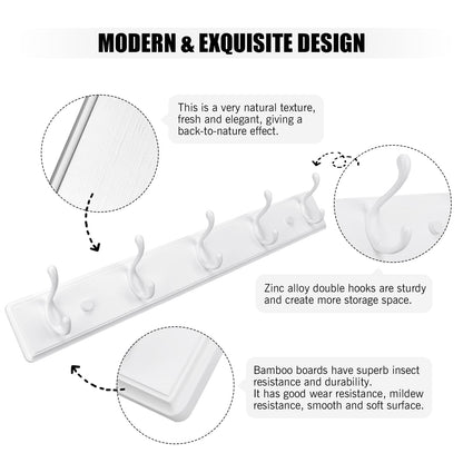 Badiano Wooden Coat Rack, Wall-Mounted Organizer for Closet, Entryway, Hallway, Foyer, Bedroom, Heavy Duty Double Hooks for Hanging Towels, Bags, Hats, Jackets, Key (White, 5 Hooks)